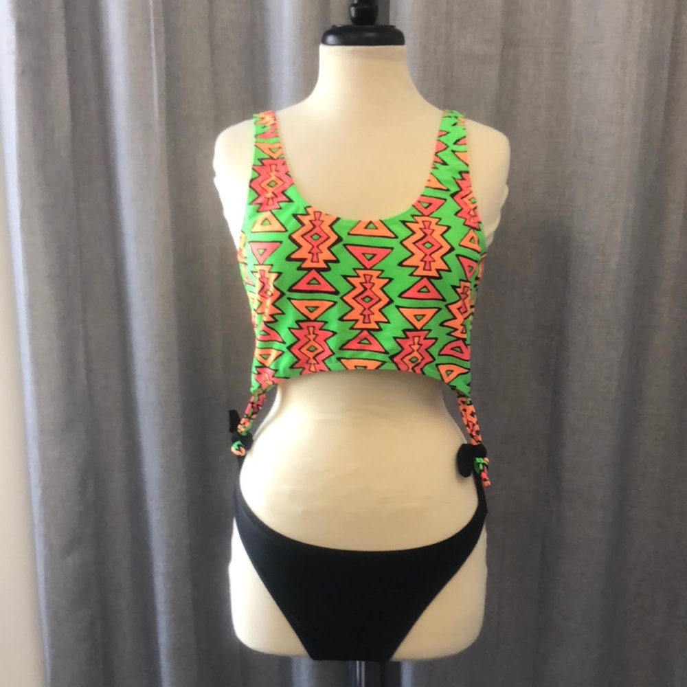 Neon Tribal Cutout One-Piece Bikini - Green & Pink